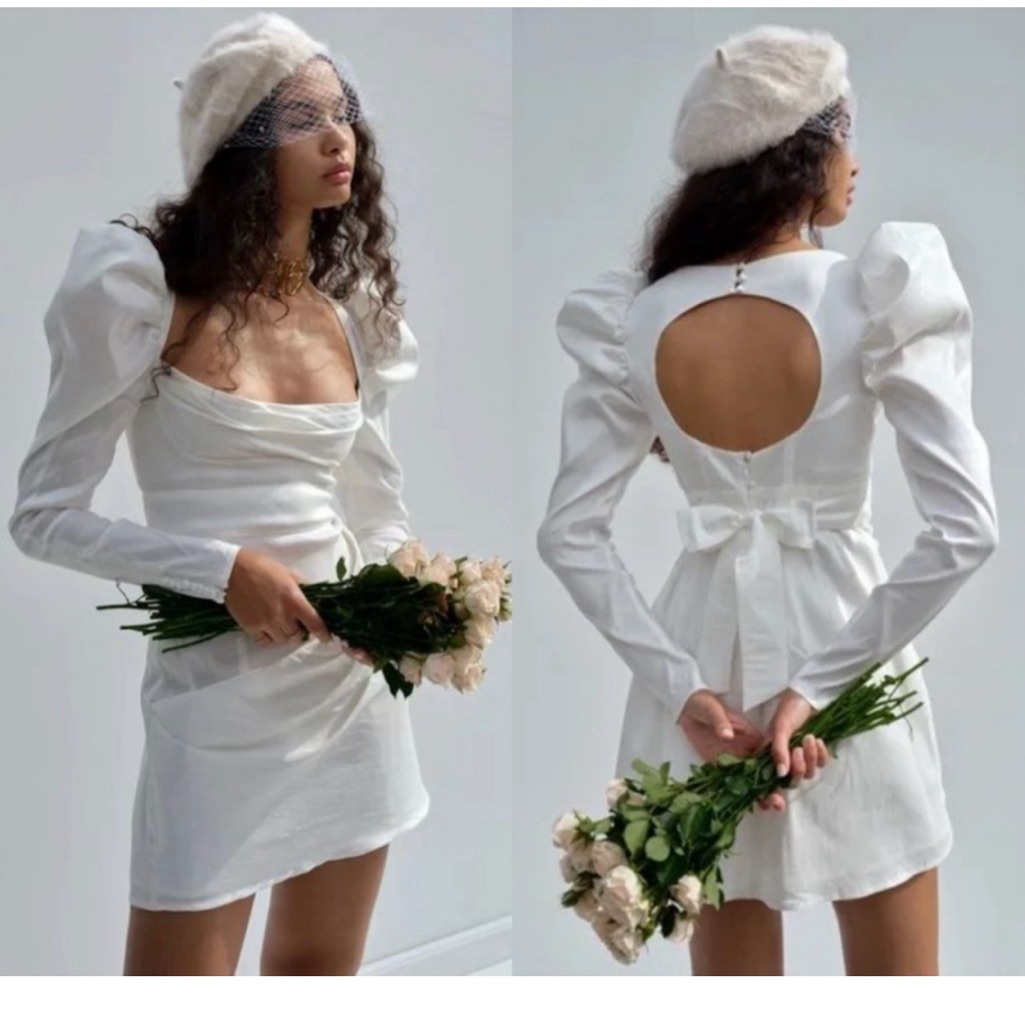 For Love And Lemons Etta Mini Bridal Dress Puff Sleeve Wedding Back Cut Out